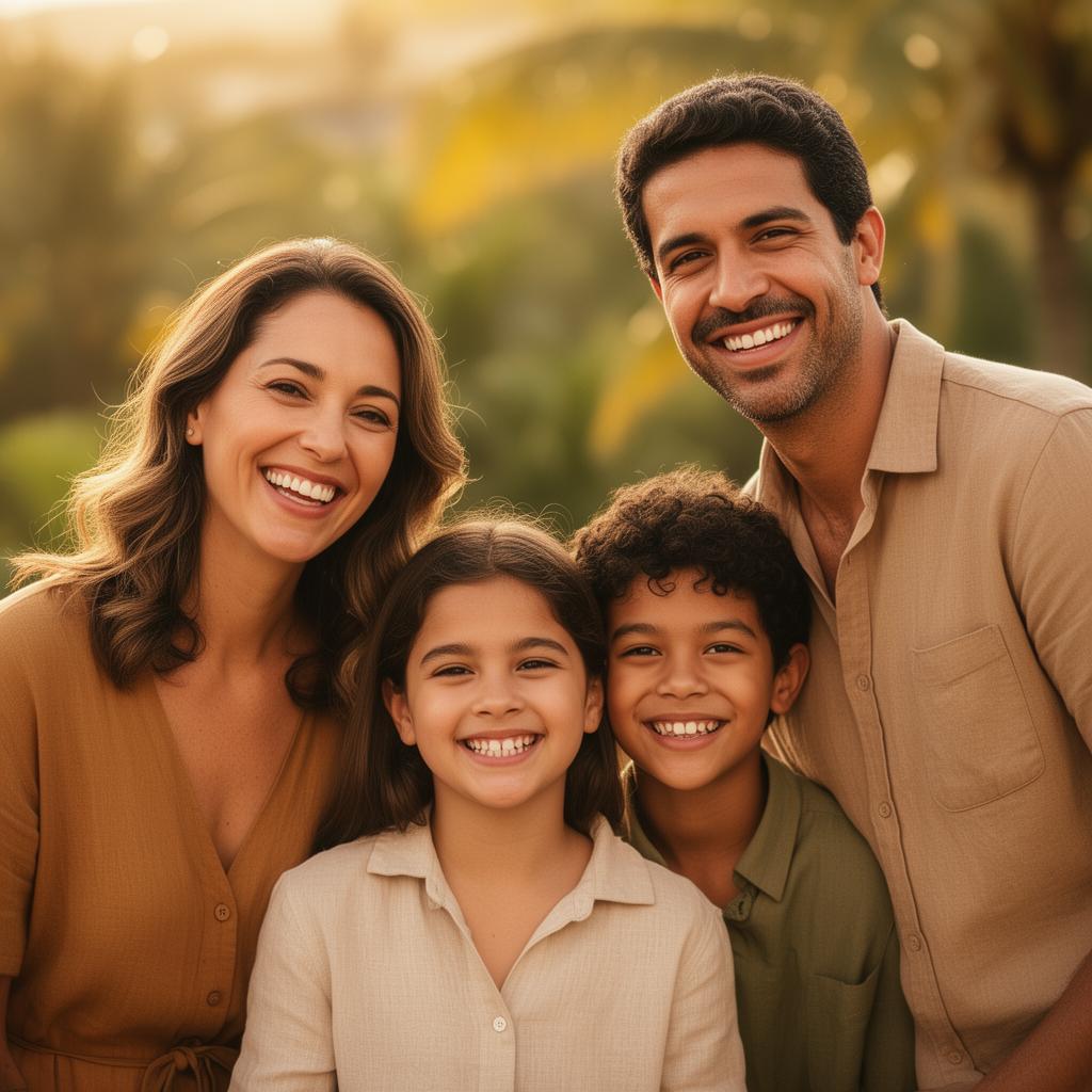 Família brasileira sorrindo — atendimento em português no Ticino