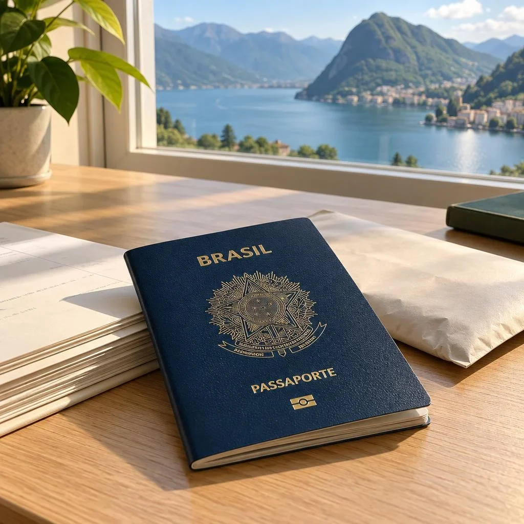 Passaporte brasileiro e documentos sobre uma mesa com vista para o Lago de Lugano